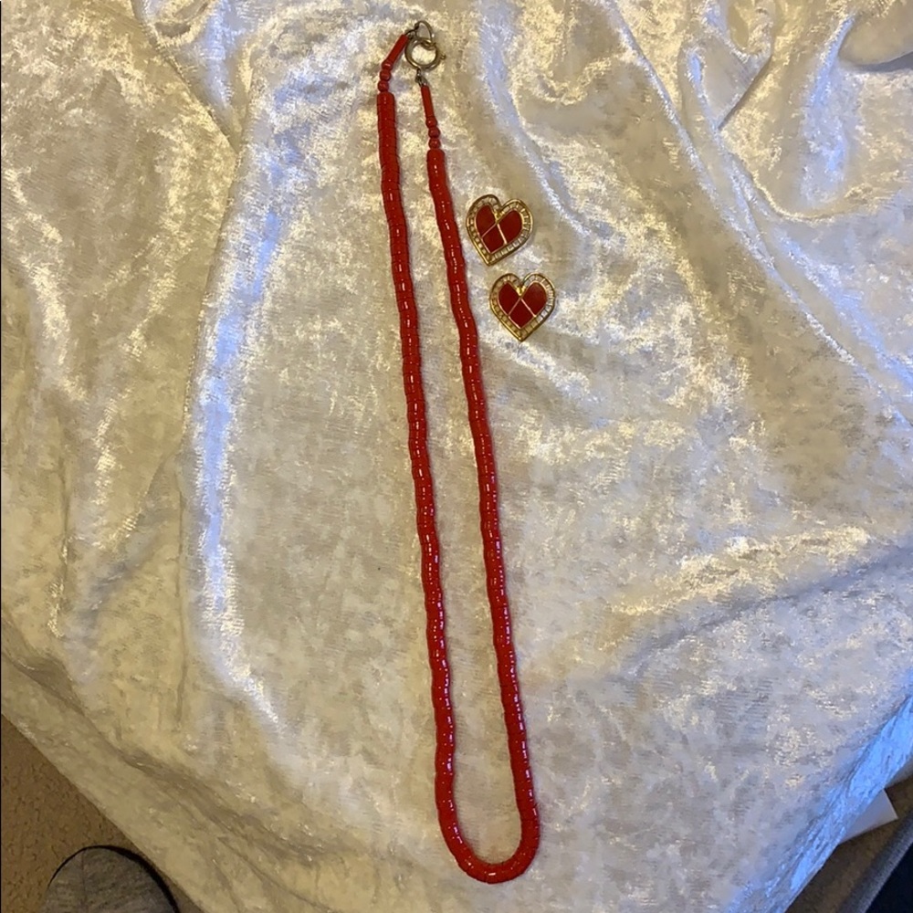 Red long beaded necklace with Earrings
